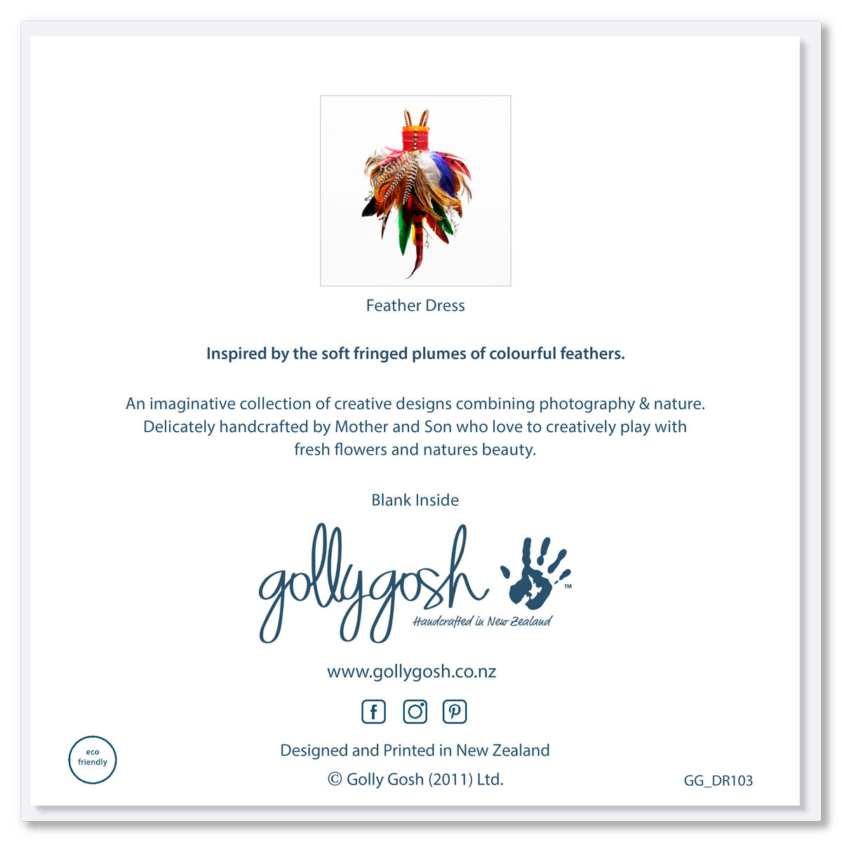 Back cover of a vibrant feather dress greeting card from Golly Gosh Creations. A quality square card.