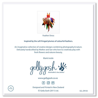 Back cover of a vibrant feather dress greeting card from Golly Gosh Creations. A quality square card.