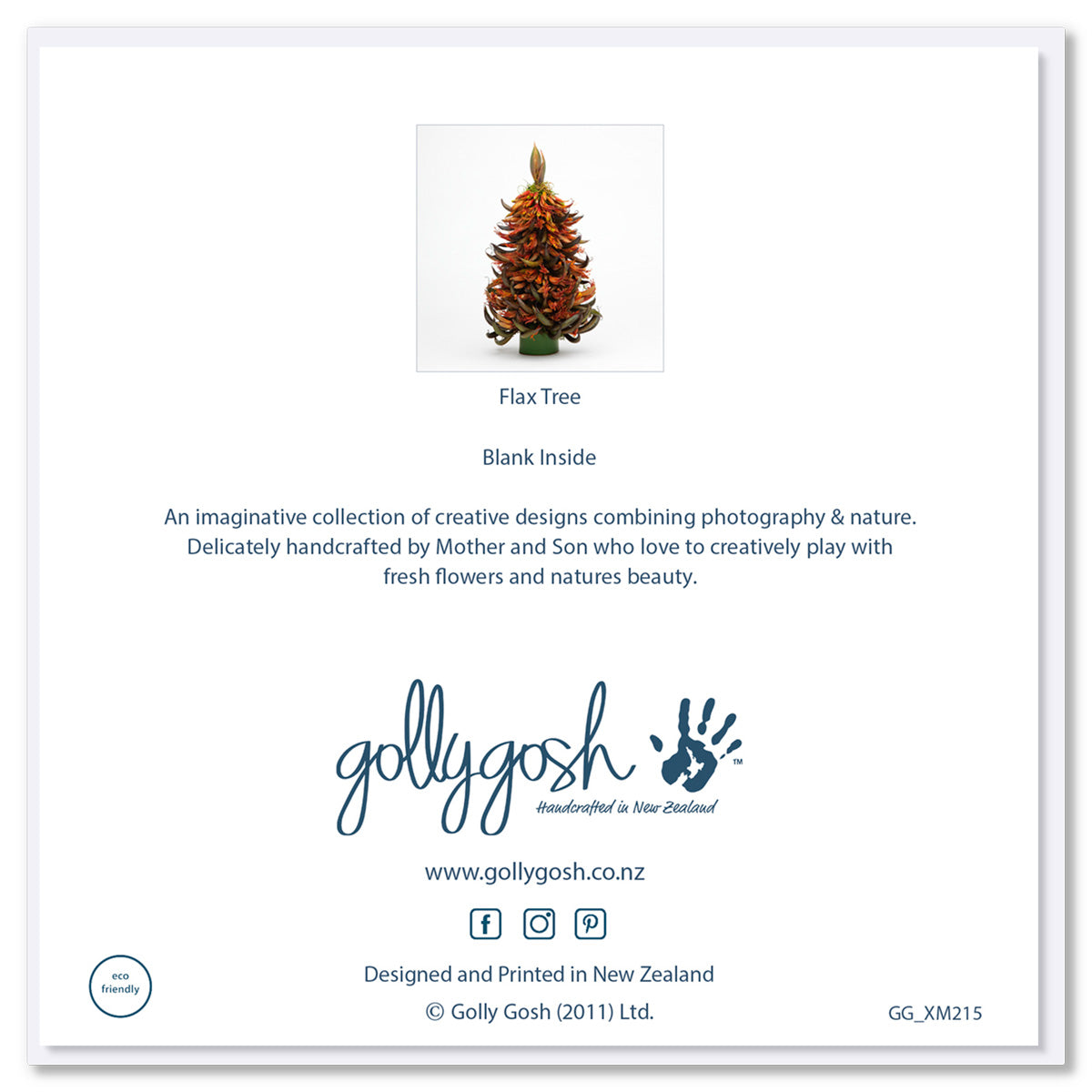 Back of Golly Gosh Flax Tree greeting card displaying vibrant floral tree design, blank inside note, description of handcrafted Mother and Son collection, branding, website and social details, and eco-friendly certification