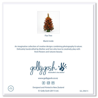 Back of Golly Gosh Flax Tree greeting card displaying vibrant floral tree design, blank inside note, description of handcrafted Mother and Son collection, branding, website and social details, and eco-friendly certification