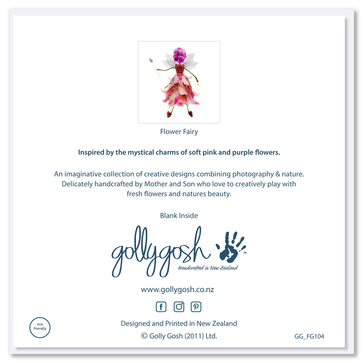 Back cover of a flower fairy greeting card from Golly Gosh Creations. Crafted from pretty pastel flowers. A quality  square card.