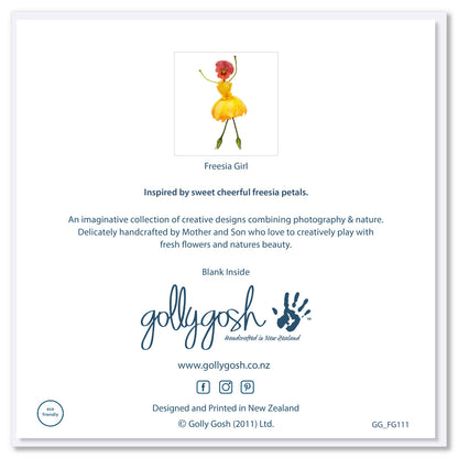 Back cover of a freesia girl greeting card from Golly Gosh Creations. This is a quality square card created from yellow freesia blooms.