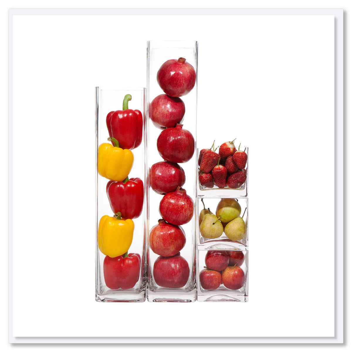 A fruit and veg vases greeting card found at Golly Gosh Creations. A delicious arrangement of fruit and vegetables in various size vases. Size 142 x 142 mm.
