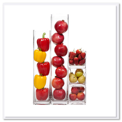 A fruit and veg vases greeting card found at Golly Gosh Creations. A delicious arrangement of fruit and vegetables in various size vases. Size 142 x 142 mm.