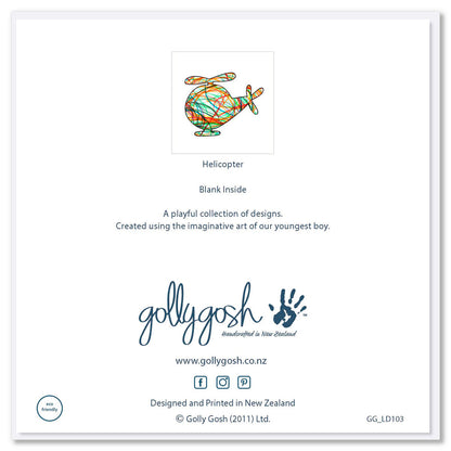 Back cover of a square greeting card from Golly Gosh Creations. A bright coloured kids drawing of a helicopter on a white background. 