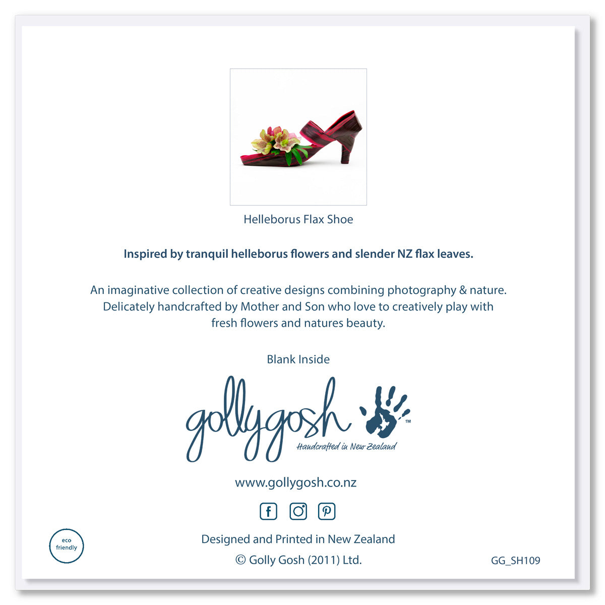 The back cover of a helleborus flax shoe greeting card found at Golly Gosh Creations. Size 142 x 142 mm.
