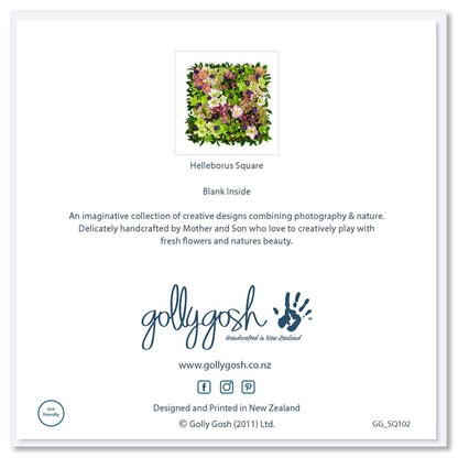 Back of a helleborus square greeting card from Golly Gosh Creations. A pretty tapestry arrangement of helleborus flowers.