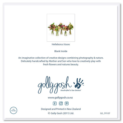 Back cover of a helleborus vases greeting card found at Golly Gosh Creations. A quality square card.
