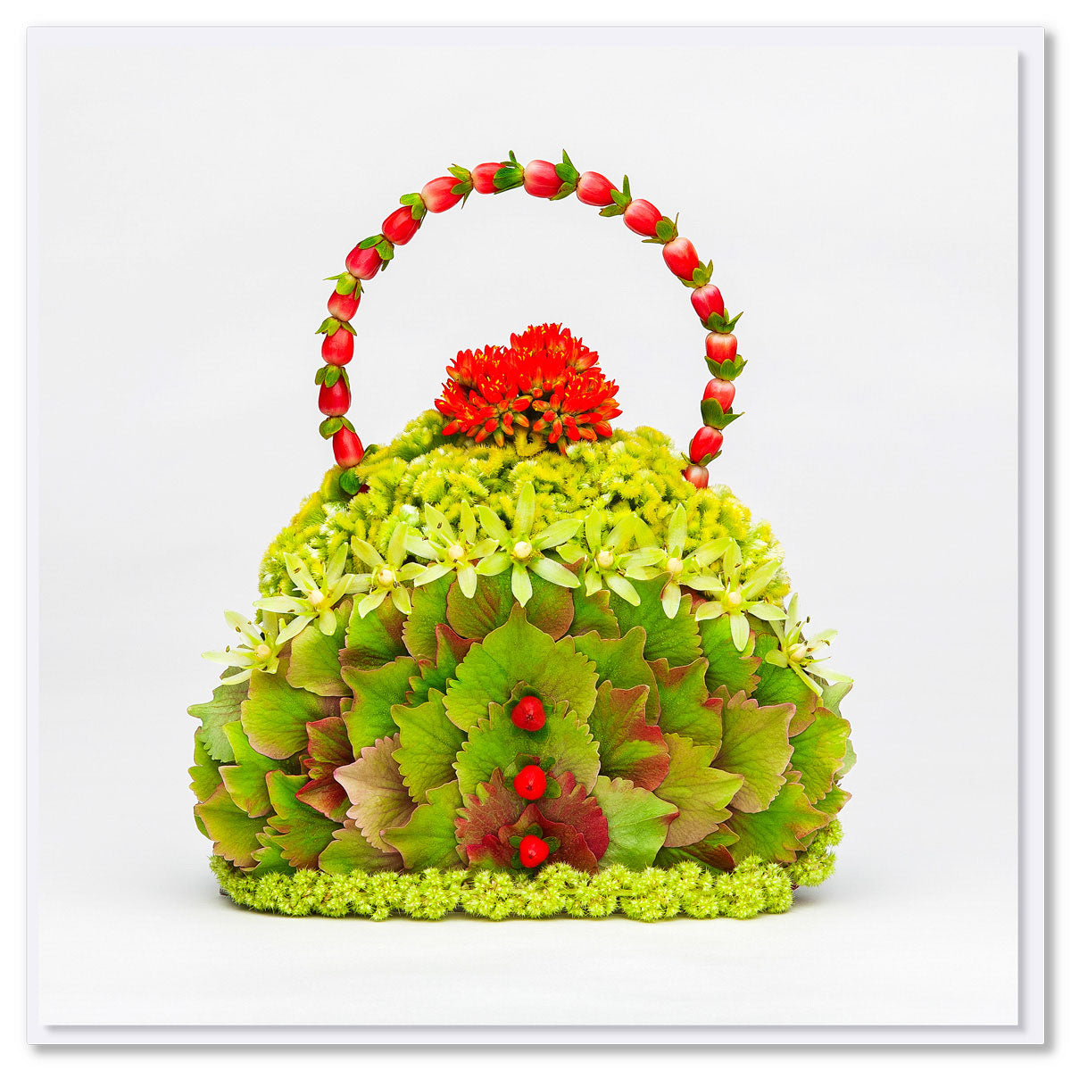 This hydrangea petal bag greeting card is created from luxurious green hydrangea petals. Found at Golly Gosh Creations. A quality square card.