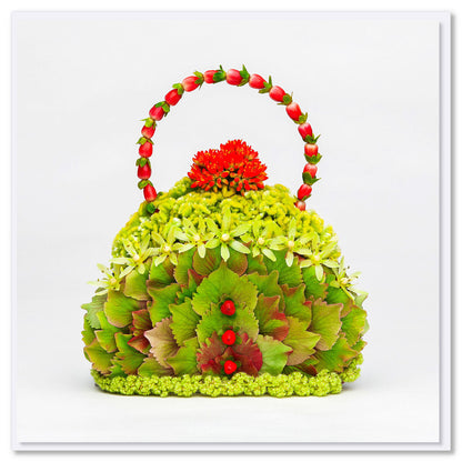 This hydrangea petal bag greeting card is created from luxurious green hydrangea petals. Found at Golly Gosh Creations. A quality square card.