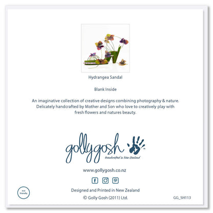 Back cover of a hydrangea sandal greeting card from Golly Gosh Creations. Size 142 x 142 mm. 
