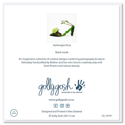 Back cover of a hydrangea shoe greeting card from Golly Gosh Creations. A generous quality square card.