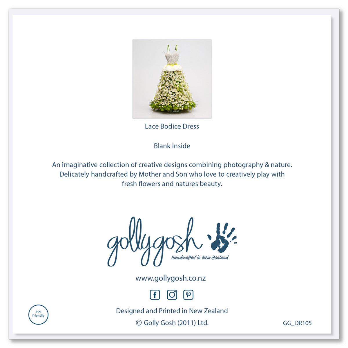Back of Golly Gosh Lace Bodice Dress greeting card displaying floral gown design, blank inside note, description of handcrafted Mother and Son collection, branding, website and social details, and eco-friendly certification