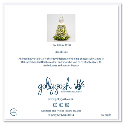 Back of Golly Gosh Lace Bodice Dress greeting card displaying floral gown design, blank inside note, description of handcrafted Mother and Son collection, branding, website and social details, and eco-friendly certification