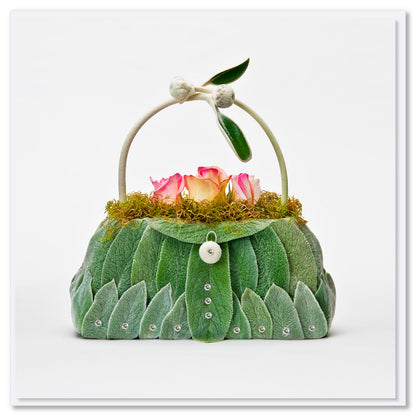 This lambs ear bag greeting card is created from soft velvety lambs ear leaves with pretty flowers. Found at Golly Gosh Creations. Size 142 x 142 mm.