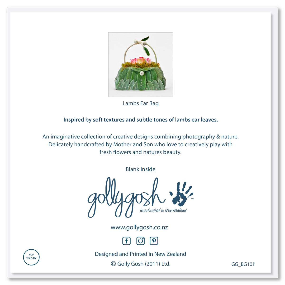 Back cover of a lambs ear bag greeting card from Golly Gosh Creations. Size 142 x 142 mm.