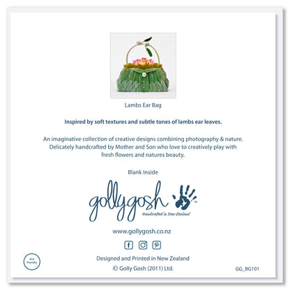 Back cover of a lambs ear bag greeting card from Golly Gosh Creations. Size 142 x 142 mm.