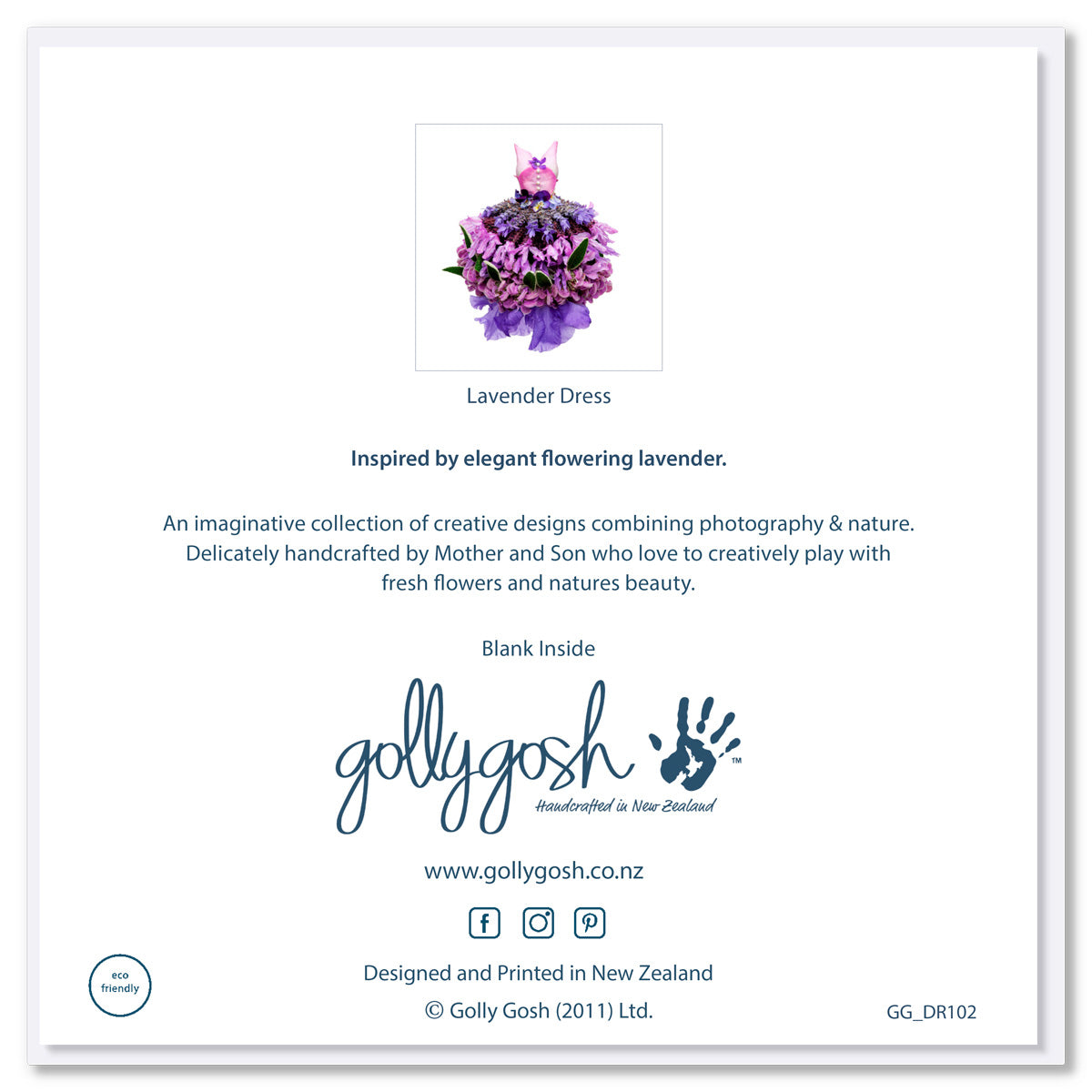 Back cover of a lovely lavender dress greeting card from Golly gosh Creations. A quality square card created from fresh lavender blooms.