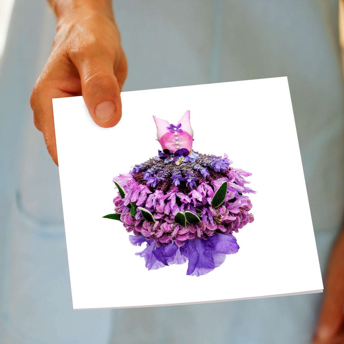 Hand held lavender dress greeting card found at Golly gosh Creations. A generous quality square card.