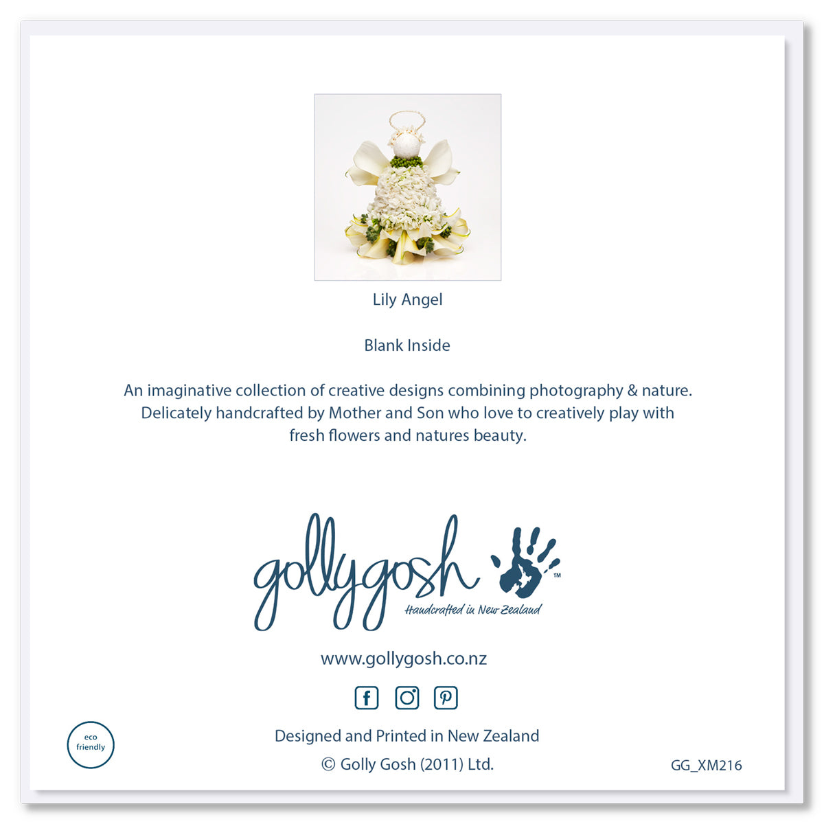The back cover of a white lily flower angel Christmas greeting card from Golly Gosh Creations. Created from fresh flowers on a white background.
