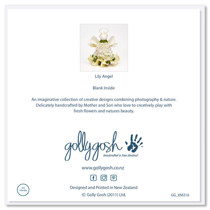 The back cover of a white lily flower angel Christmas greeting card from Golly Gosh Creations. Created from fresh flowers on a white background.