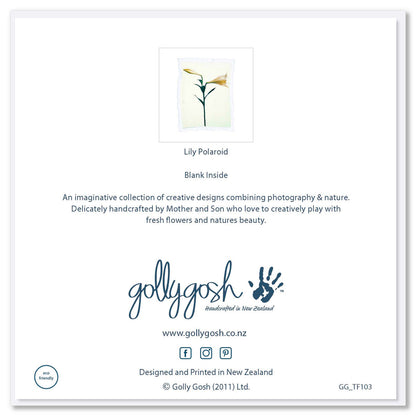 Back cover of a white lily polaroid greeting card found at Golly Gosh Creations. A generous quality square card.