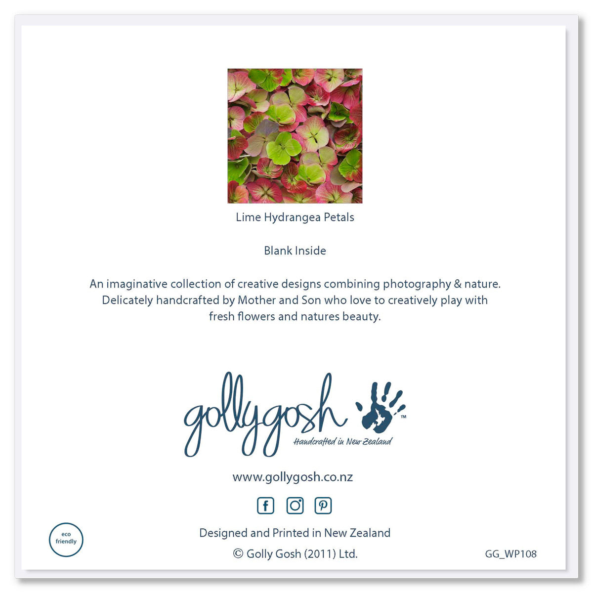 Back cover of a lime hydrangea greeting card from Golly Gosh Creations. A generous square card with delightful arrangement of spring blooms. 