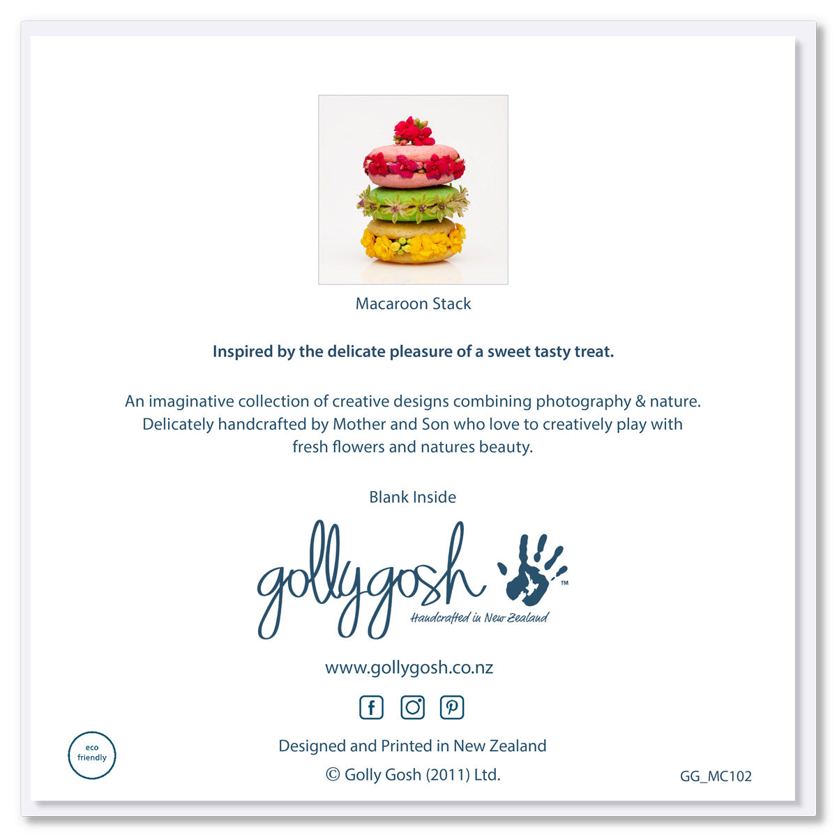Back of a macaroon stack greeting card from Golly Gosh Creations. Size 142 x 142 mm