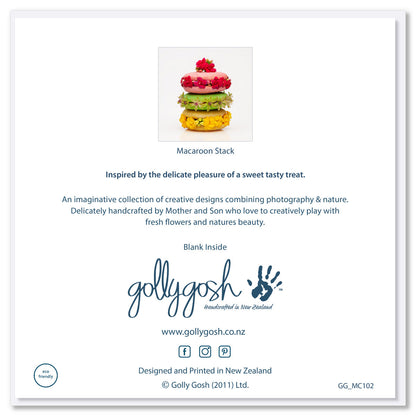 Back of a macaroon stack greeting card from Golly Gosh Creations. Size 142 x 142 mm