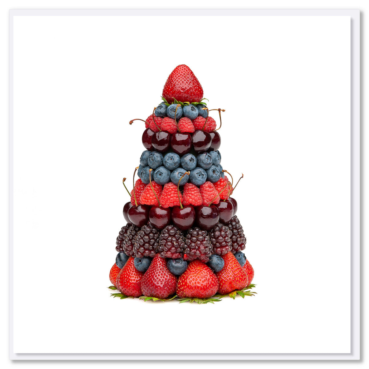 A colourful mixed berry stack Christmas card created from juicy summer fruits. Available from Golly Gosh Creations. Size 142 x 142 mm
