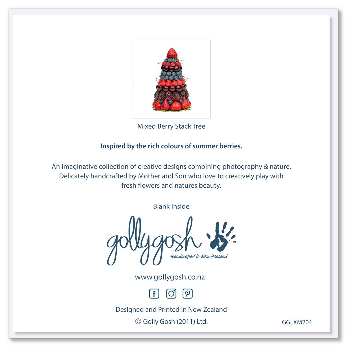 This is the back of a mixed berry stack Christmas card, available from Golly Gosh Creations. Created from juicy summer fruits. Size 142 x 142 mm