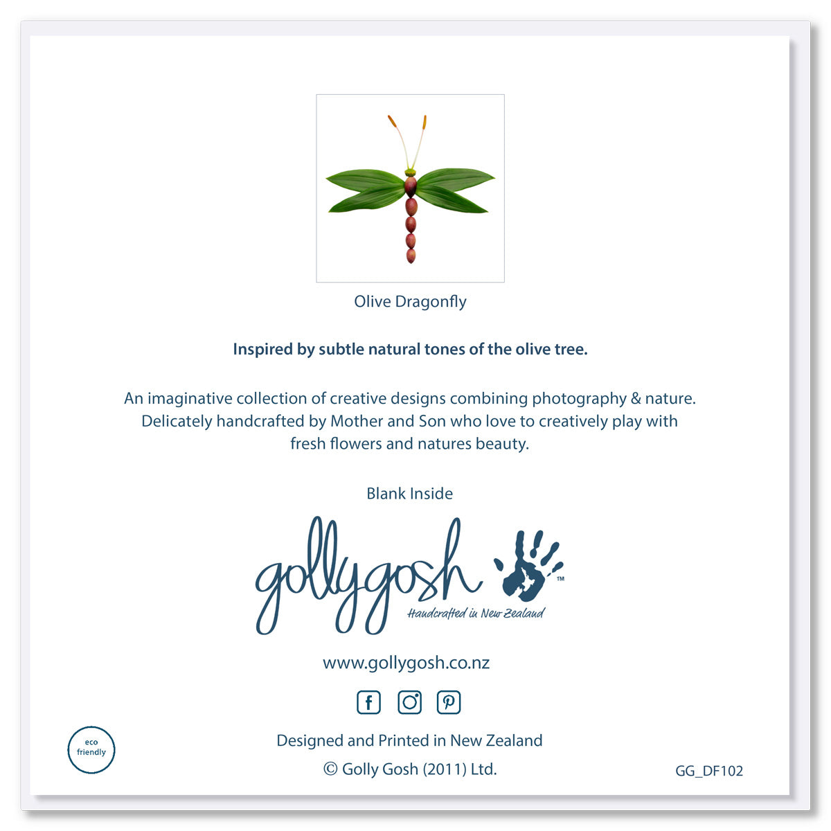 Back of an olive dragonfly greeting card available at Golly Gosh Creations. Size 142 x 142 mm