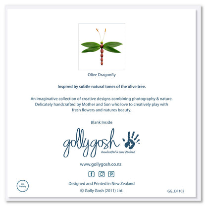 Back of an olive dragonfly greeting card available at Golly Gosh Creations. Size 142 x 142 mm
