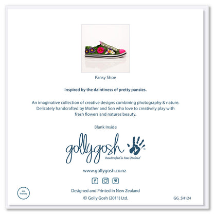 Back cover of a pansy shoe greeting card from Golly Gosh Creations. This colourful card is 142 x142 mm.