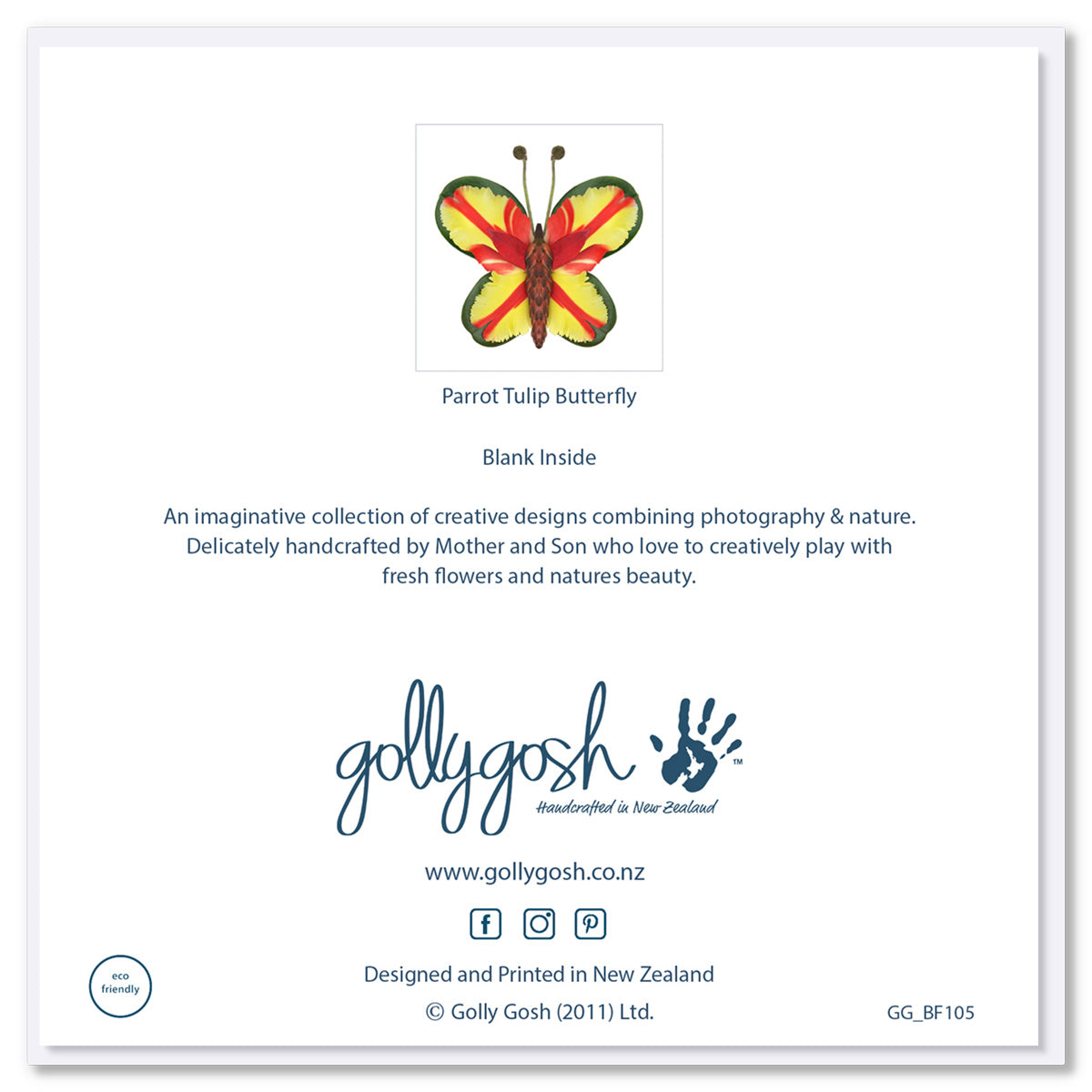 Back of Golly Gosh Parrot Tulip Butterfly greeting card displaying colourful floral butterfly design, blank inside note, description of handcrafted Mother and Son collection, branding, website and social details, and eco-friendly certification