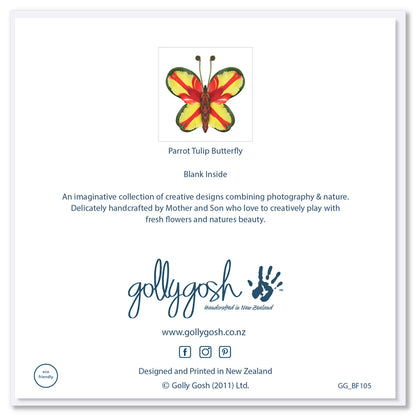 Back of Golly Gosh Parrot Tulip Butterfly greeting card displaying colourful floral butterfly design, blank inside note, description of handcrafted Mother and Son collection, branding, website and social details, and eco-friendly certification
