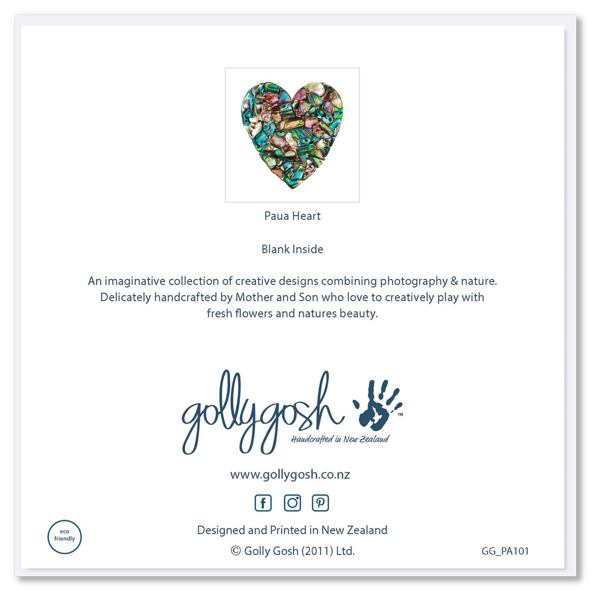 Back of a paua heart greeting card from Golly Gosh Creations. Size 142 x 142 mm. This shimmering heart is created from iridescent pieces of paua shell.