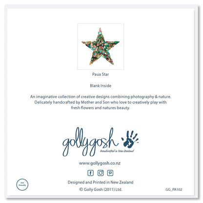 Back cover of a paua star greeting card from Golly Gosh Creations. A sparking card created from iridescent paua shell pieces. Size 142 x 142 mm.