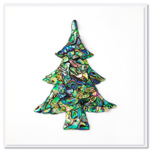A sparkling paua shell tree Christmas greeting card from Golly Gosh Creations. This quality card has a white background. Size 142 x 142 mm
