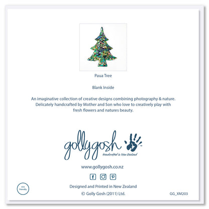 The back cover of a paua shell tree Christmas greeting card from Golly Gosh Creations. Crafted from sparkly paua shell pieces on a white background.