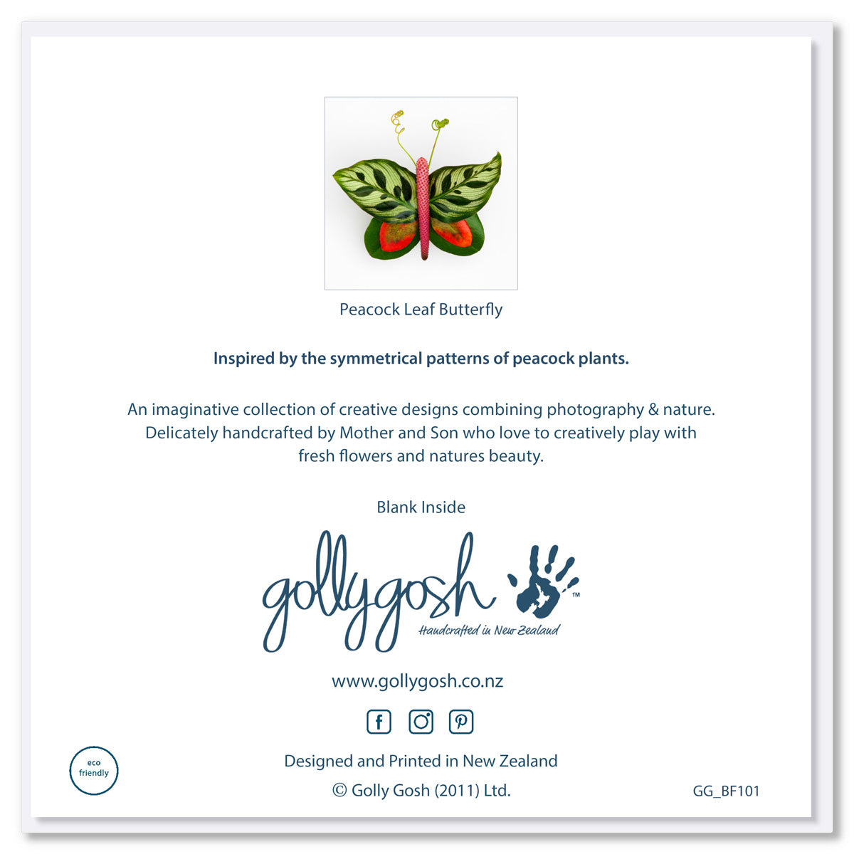 Back of a peacock leaf butterfly greeting card from Golly Gosh Creations. This generous square card is created from symmetrical peacock leaves.