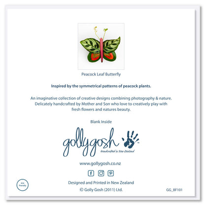 Back of a peacock leaf butterfly greeting card from Golly Gosh Creations. This generous square card is created from symmetrical peacock leaves.