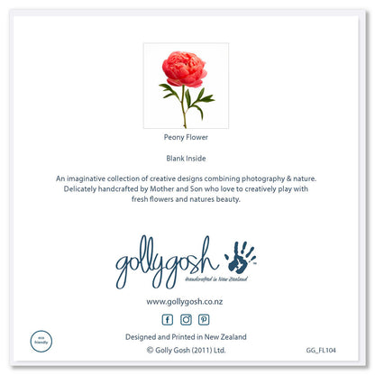 Back cover of a peony flower greeting card form Golly Gosh Creations. A generous square card with a vibrant coral peony flower.