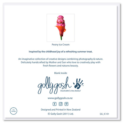 Back cover of a peony ice cream greeting card from Golly Gosh Creations. Size 142 x 142 mm. Created from pink peony heads with an orange lily cone.