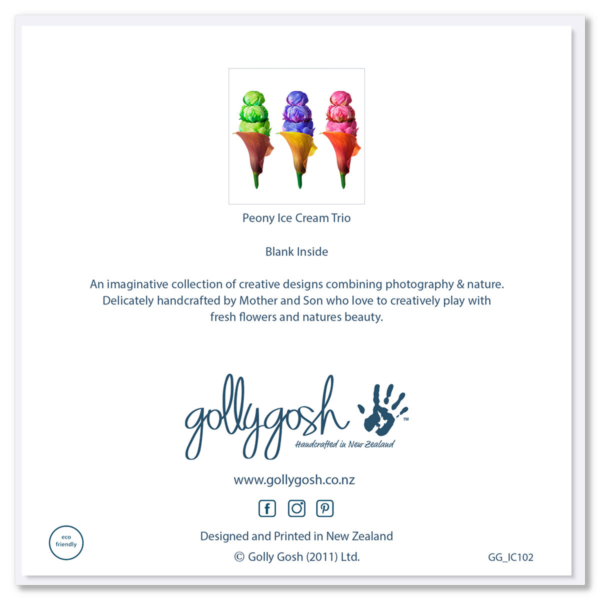 Back of Golly Gosh Peony Ice Cream Trio greeting card displaying three floral ice cream designs in green, purple, and pink, blank inside note, description of handcrafted Mother and Son collection, branding, website and social details, and eco-friendly certification