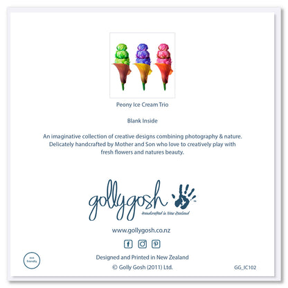 Back of Golly Gosh Peony Ice Cream Trio greeting card displaying three floral ice cream designs in green, purple, and pink, blank inside note, description of handcrafted Mother and Son collection, branding, website and social details, and eco-friendly certification