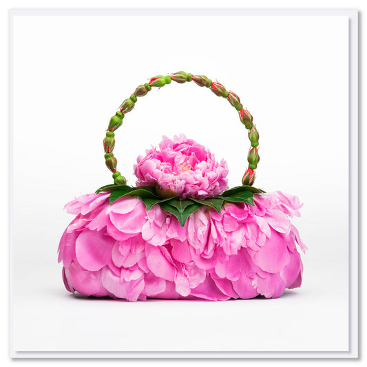 A stunning peony petal bag greeting card from Golly Gosh Creations. This generous square card radiates elegance with it's vibrant pink peony petals.
