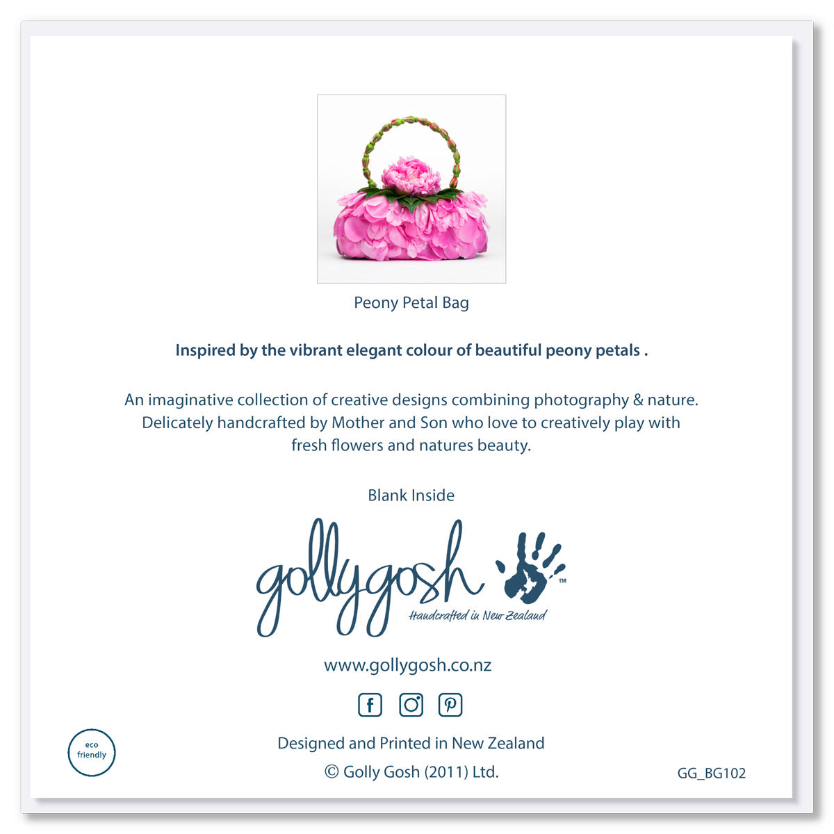 Back of a peony petal bag greeting card from Golly Gosh Creations. This card radiates elegance with it's vibrant pink petals.