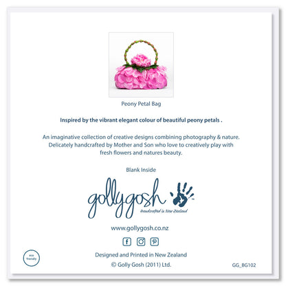 Back of a peony petal bag greeting card from Golly Gosh Creations. This card radiates elegance with it's vibrant pink petals.