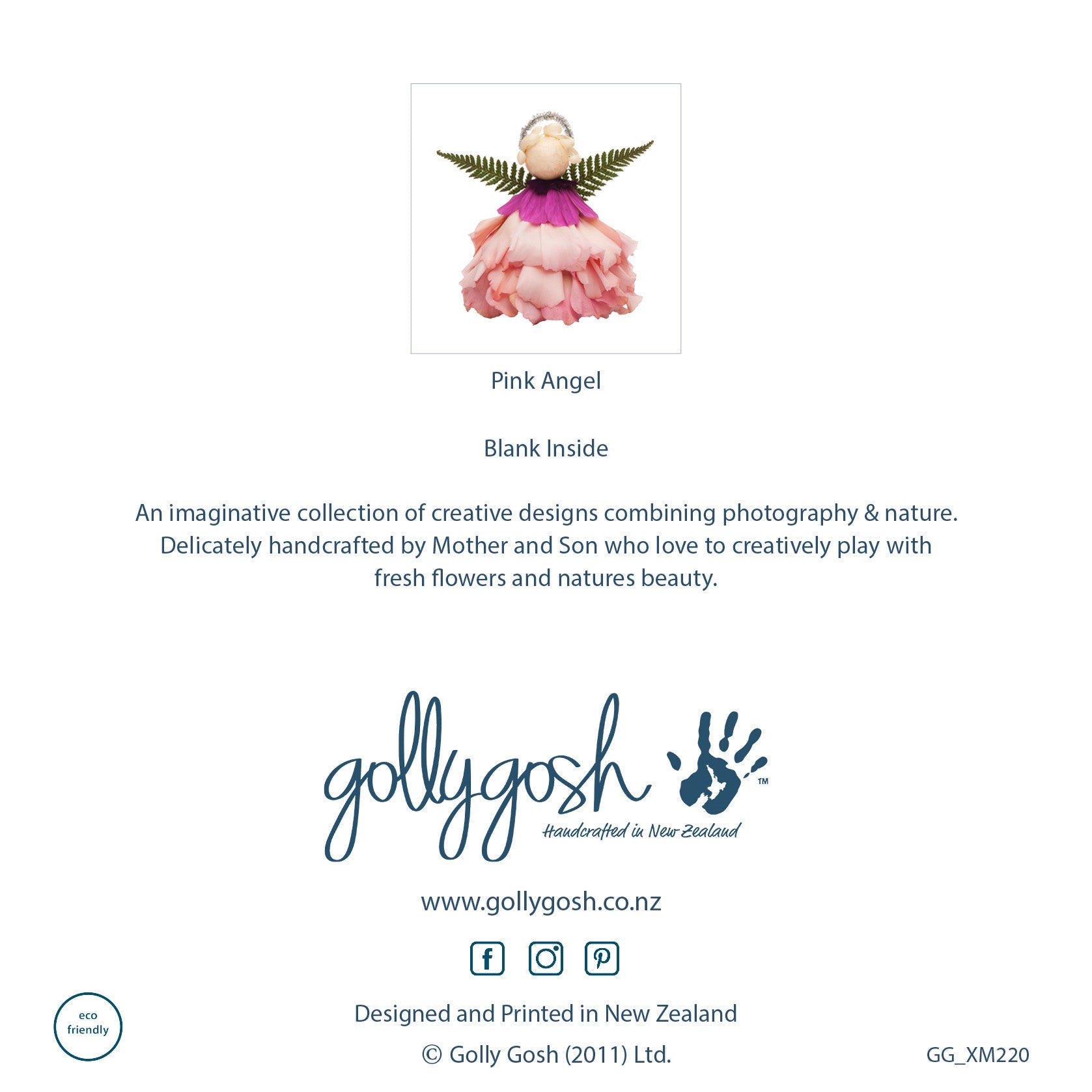 The back of a pretty pink rose flower angel Christmas card. Created from fresh flowers on a white background. This quality square card is from Golly Gosh Creations.